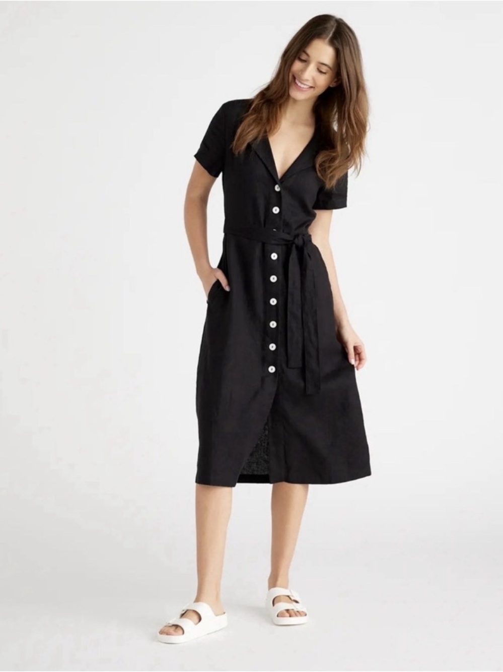 Quince 100% European Linen Button Front Midi Dress Black Belted